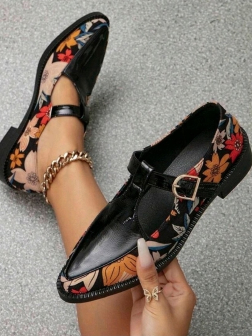 Floral Black Patent Mary Jane Loafers for Women